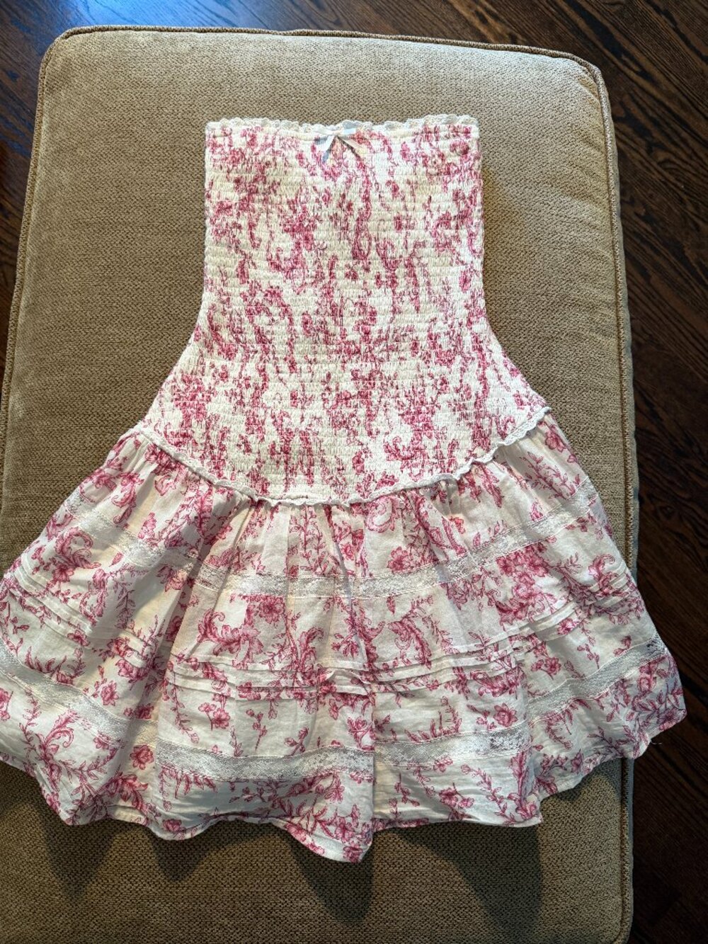 Etiquette Pink & White Toile Smocked Strapless Dress - Size S